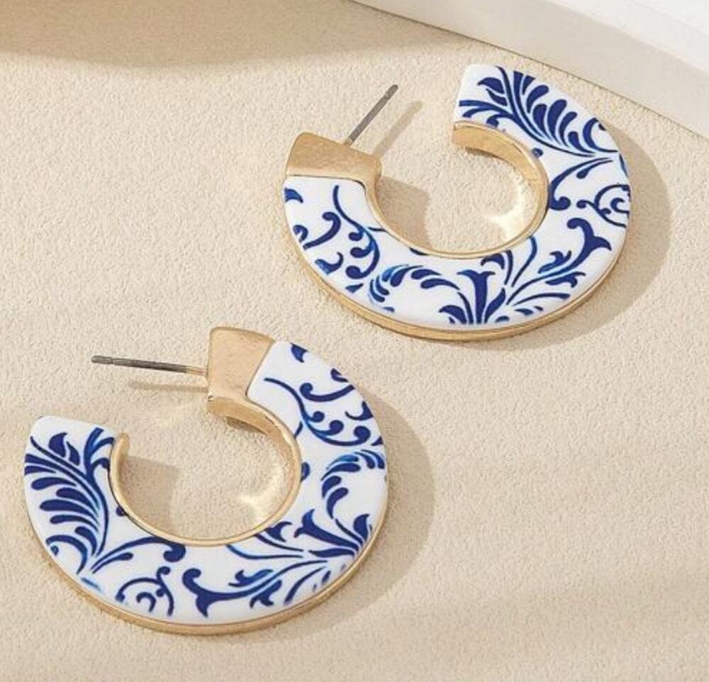 Chinoiserie Blue and White Hoop Earrings
